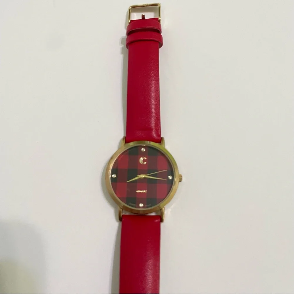 Charming Charlie Red Strap Plaid Round Face Watch Analog Holiday Christmas